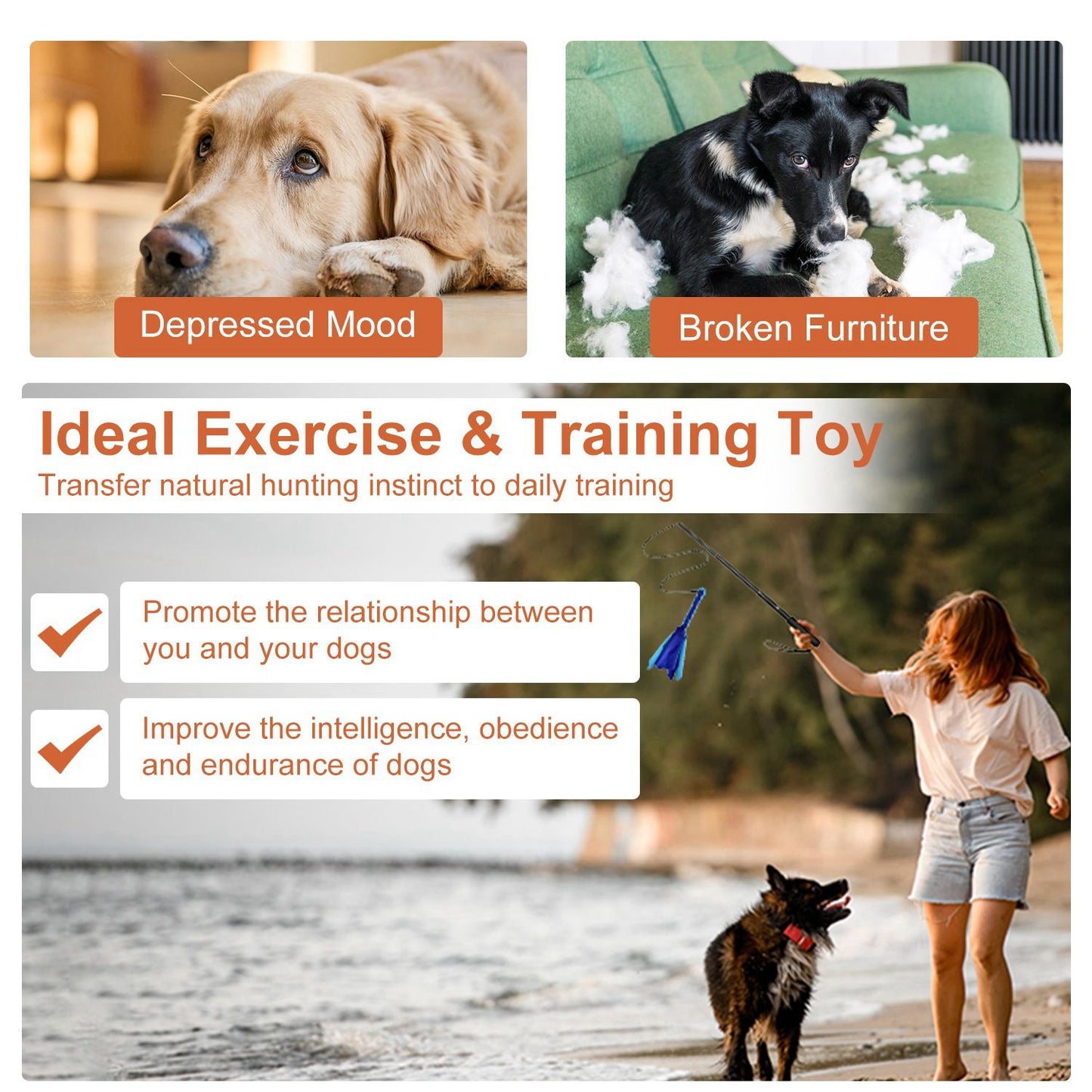 Extendable Dog Flirt Pole with Lure 10.23-26.77in Teaser Wand with 2 Replaceable Interactive Tail Toys