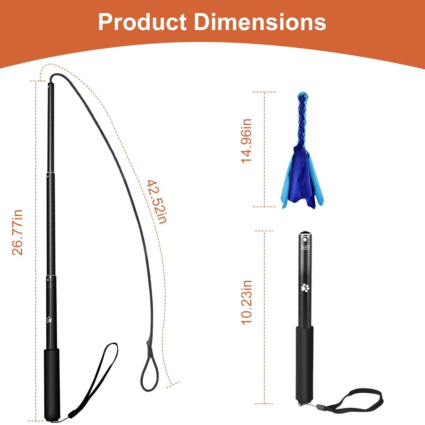Extendable Dog Flirt Pole with Lure 10.23-26.77in Teaser Wand with 2 Replaceable Interactive Tail Toys